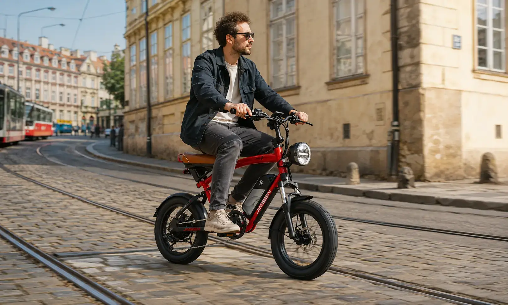 European male rider using Jimsen E1 electric bike on cobblestone urban roads with tram tracks