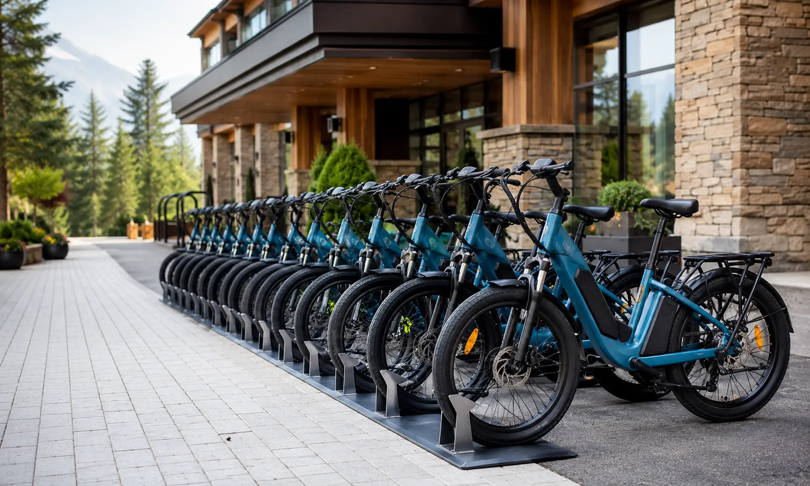 Rental electric bike fleet parked for high-frequency commercial use