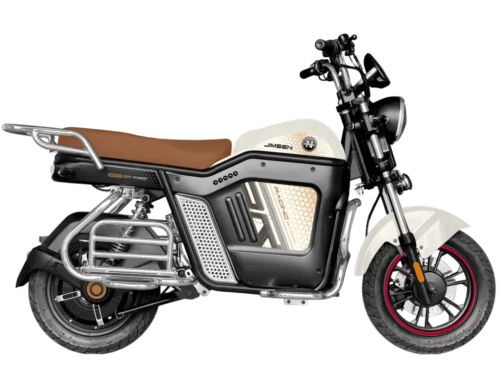 Jimsen G2 cream electric motorcycle with a rear carrier and protective side structure