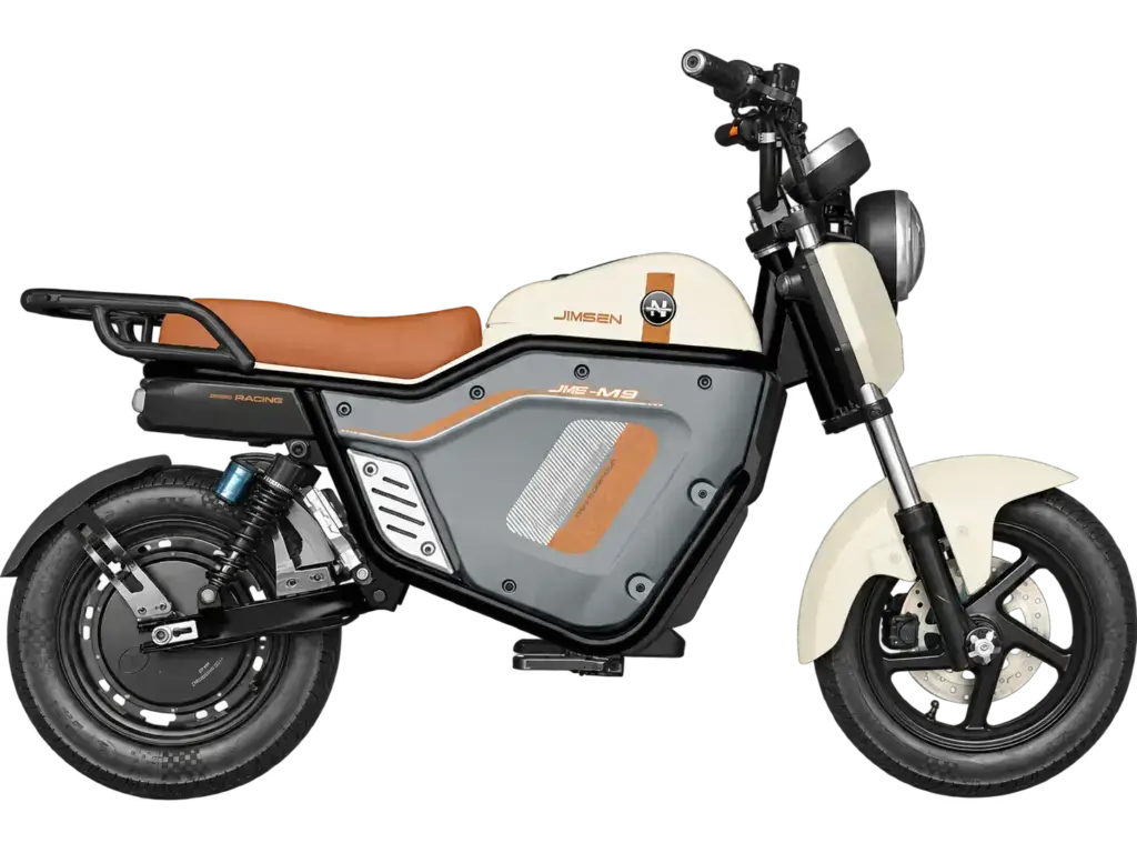 Jimsen G2-2.0 cream electric motorcycle with brown seat and contrasting side panels