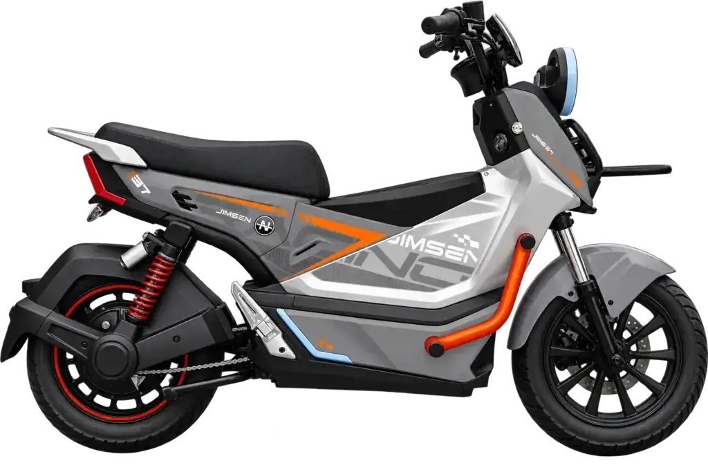 Jimsen X3 silver and orange electric motorcycle with round headlamp