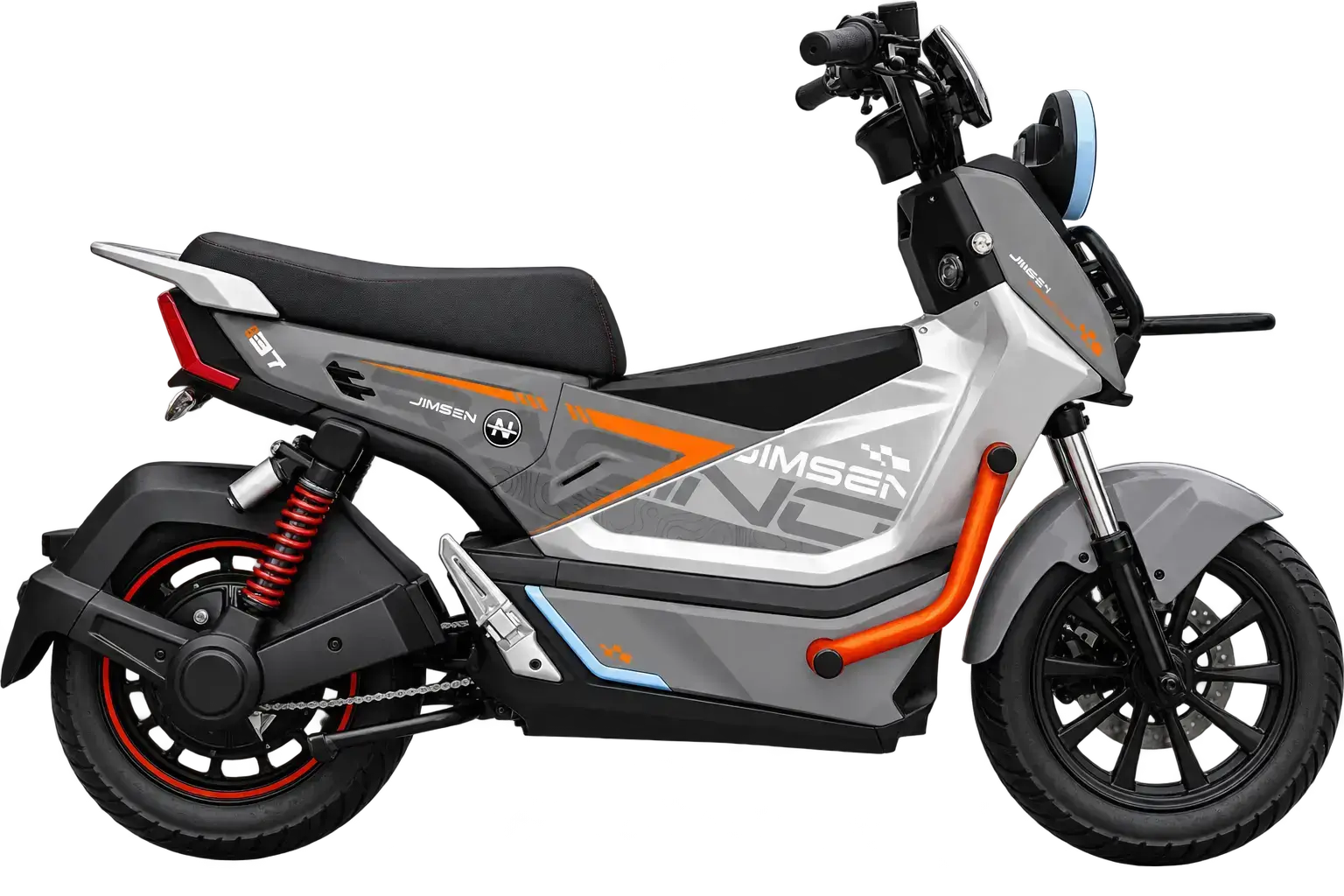 Moto eléctrica Jimsen X3 gris y naranja vista de lado