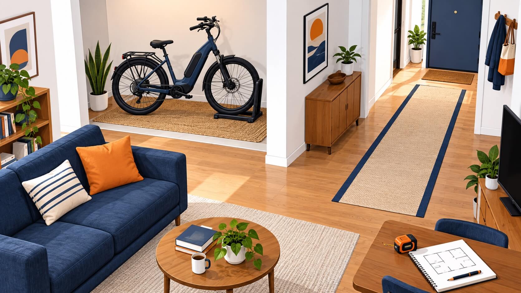 Illustration of an e-bike in a dedicated apartment storage alcove away from the entrance route