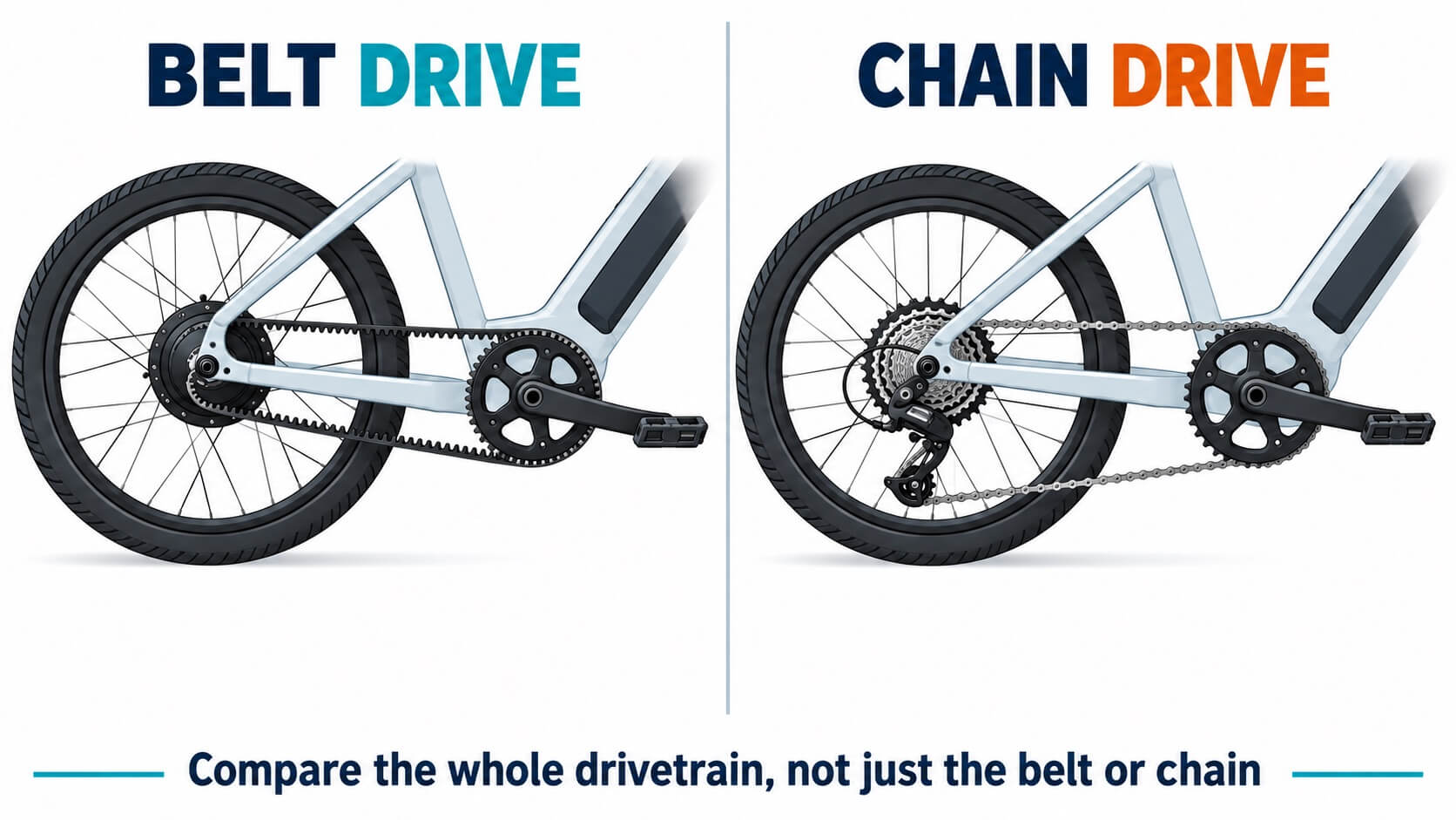 Illustration comparing a bicycle belt and geared hub with a chain and derailleur drivetrain
