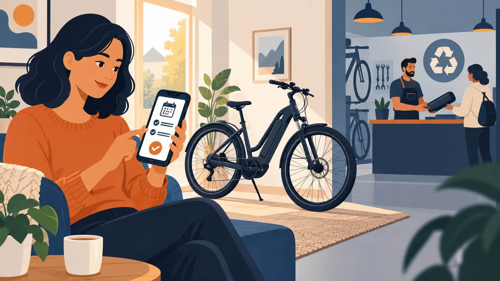 Illustration of arranging an e-bike battery recycling appointment and a bicycle service counter