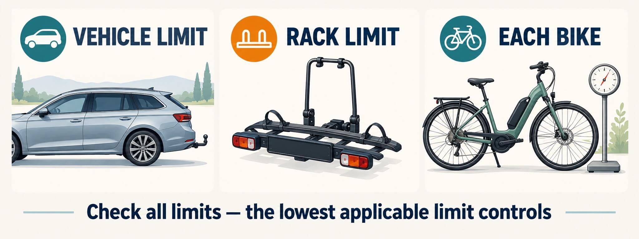Illustration of vehicle, rack and individual bicycle limits that must all be checked before transport