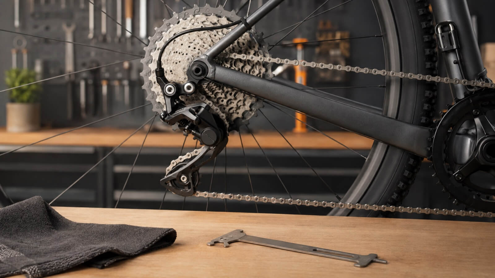 Illustration of a bicycle chain and rear cassette with a chain-checking tool on the bench