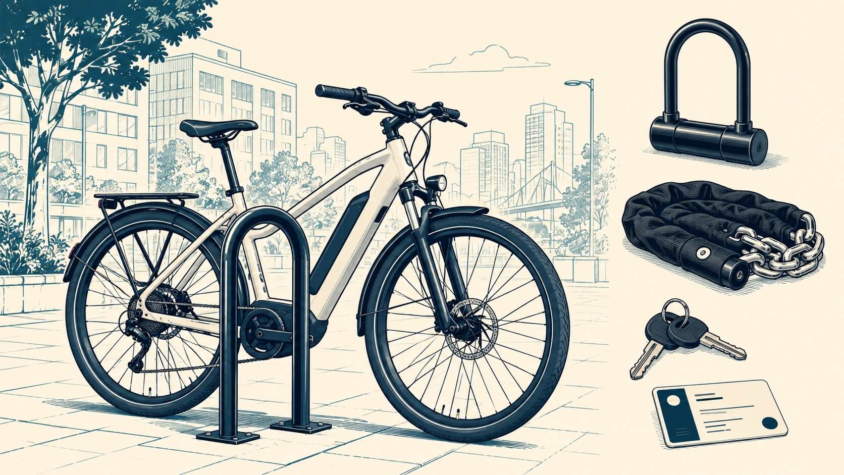 Illustrated e-bike at a fixed parking stand with a U-lock, chain, keys and registration card