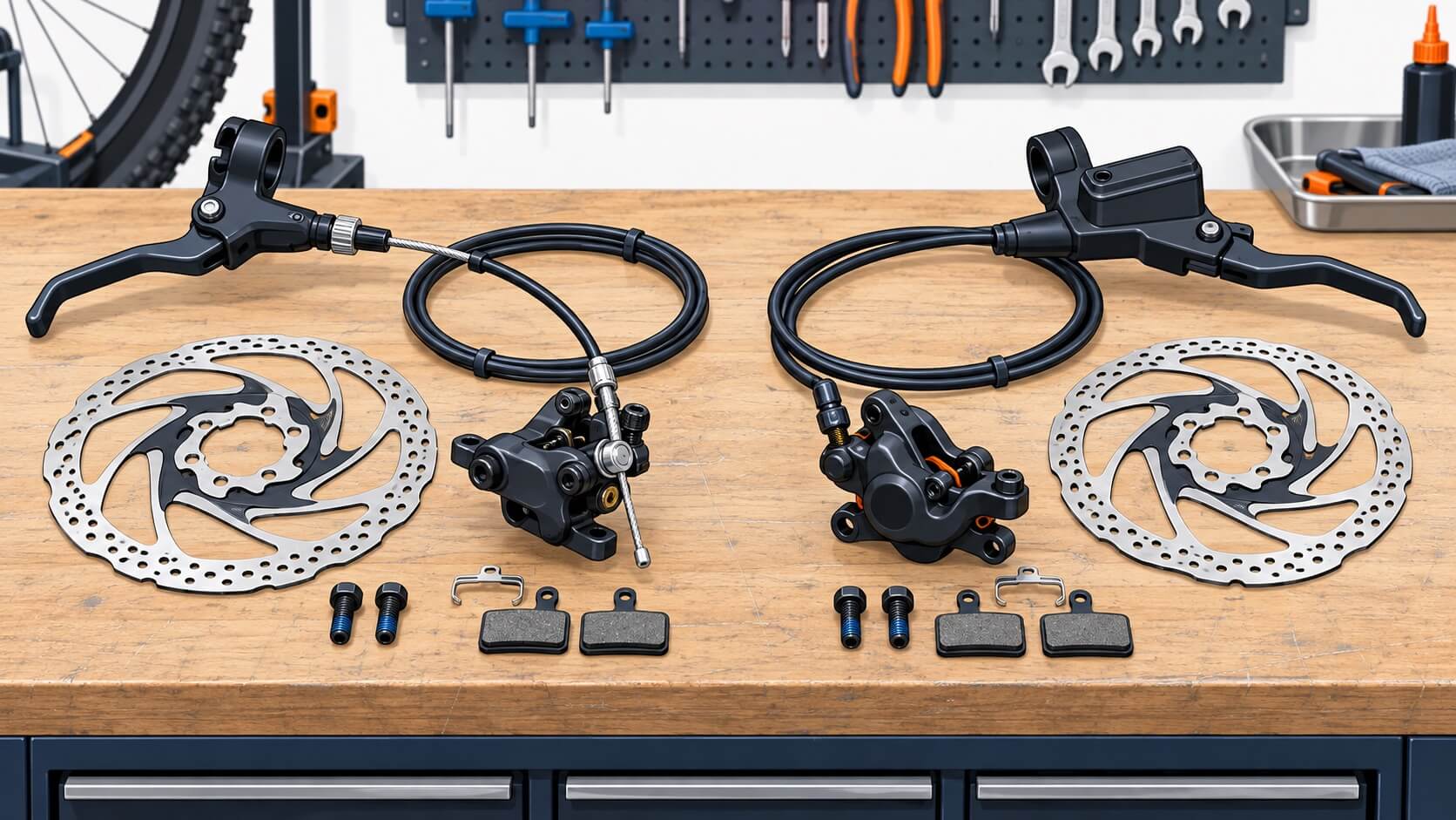 Illustration of cable-operated and hydraulic bicycle disc brake components on a workbench