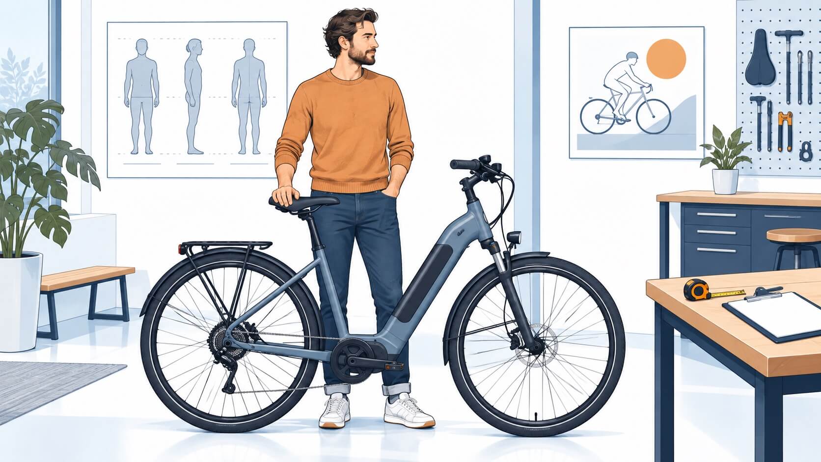 Illustration of a rider beside a step-through e-bike during a bicycle fitting