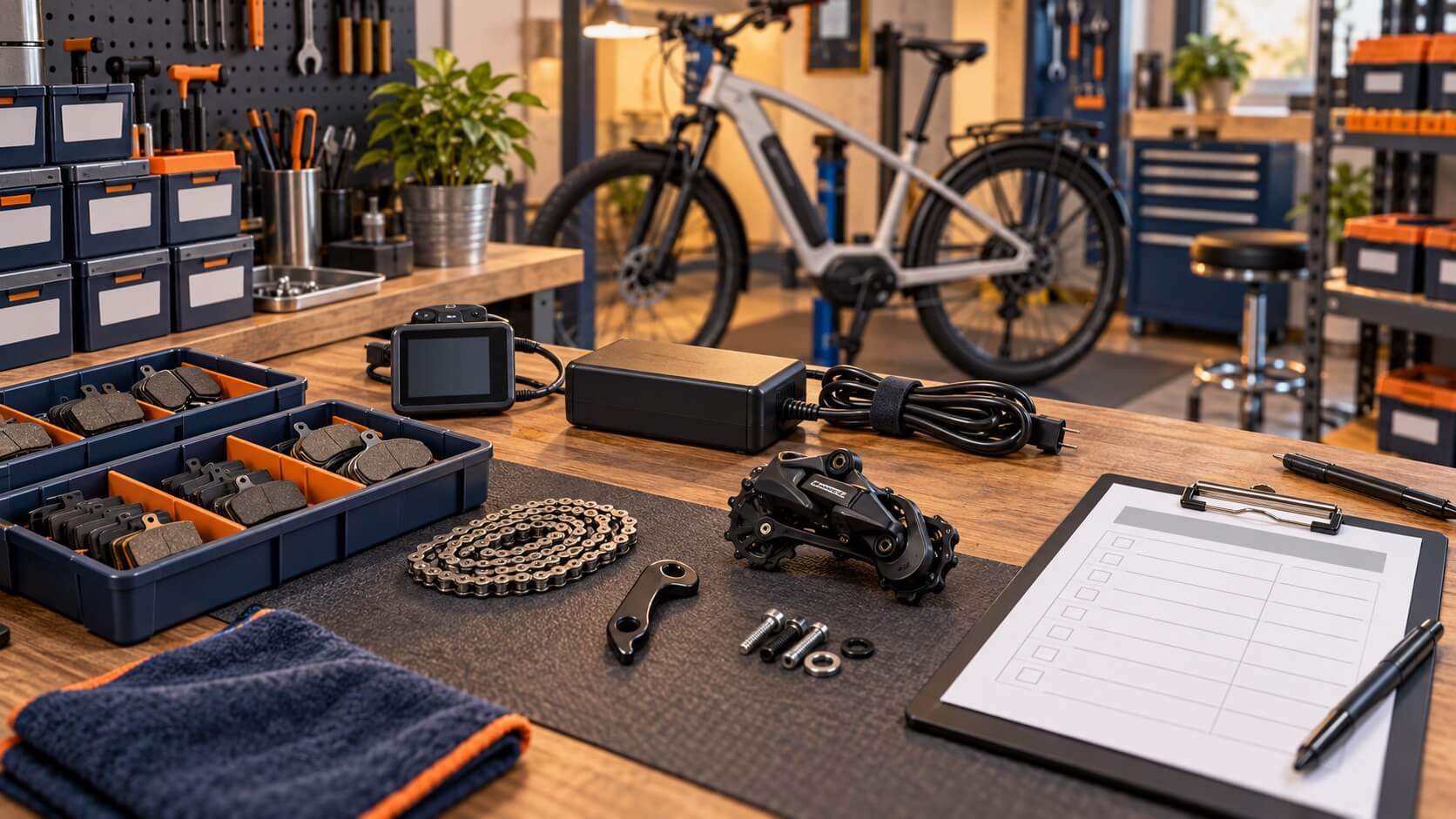 Concept illustration of bicycle spare parts, a charger and a service checklist on a workshop bench