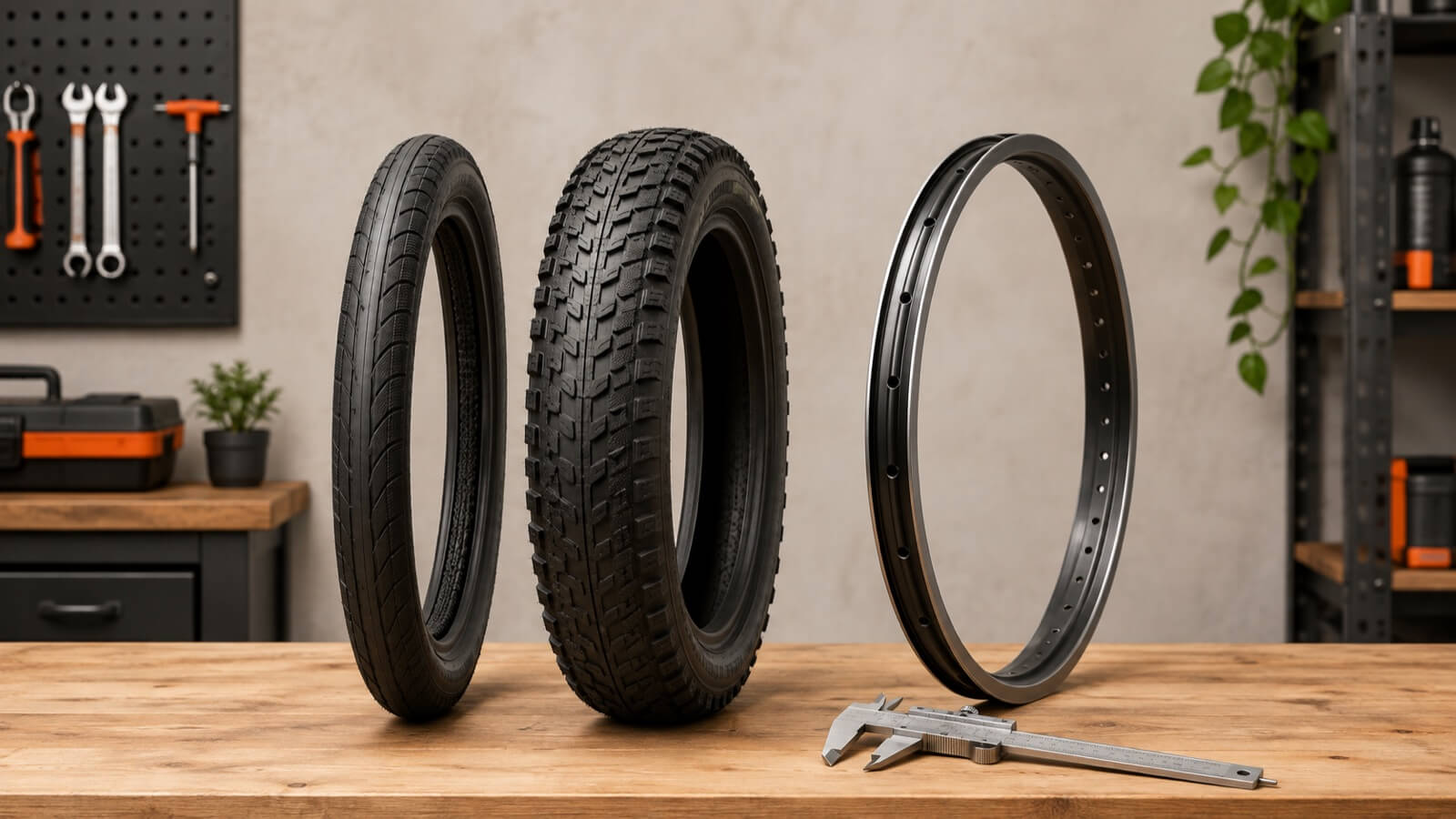 Narrow and wide bicycle tires beside a bare rim and measuring caliper