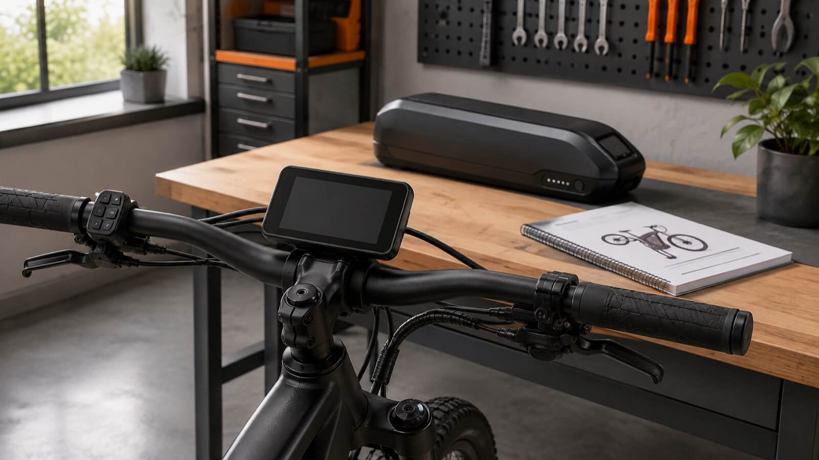Unpowered e-bike display beside a closed battery and owner's manual on a workshop bench