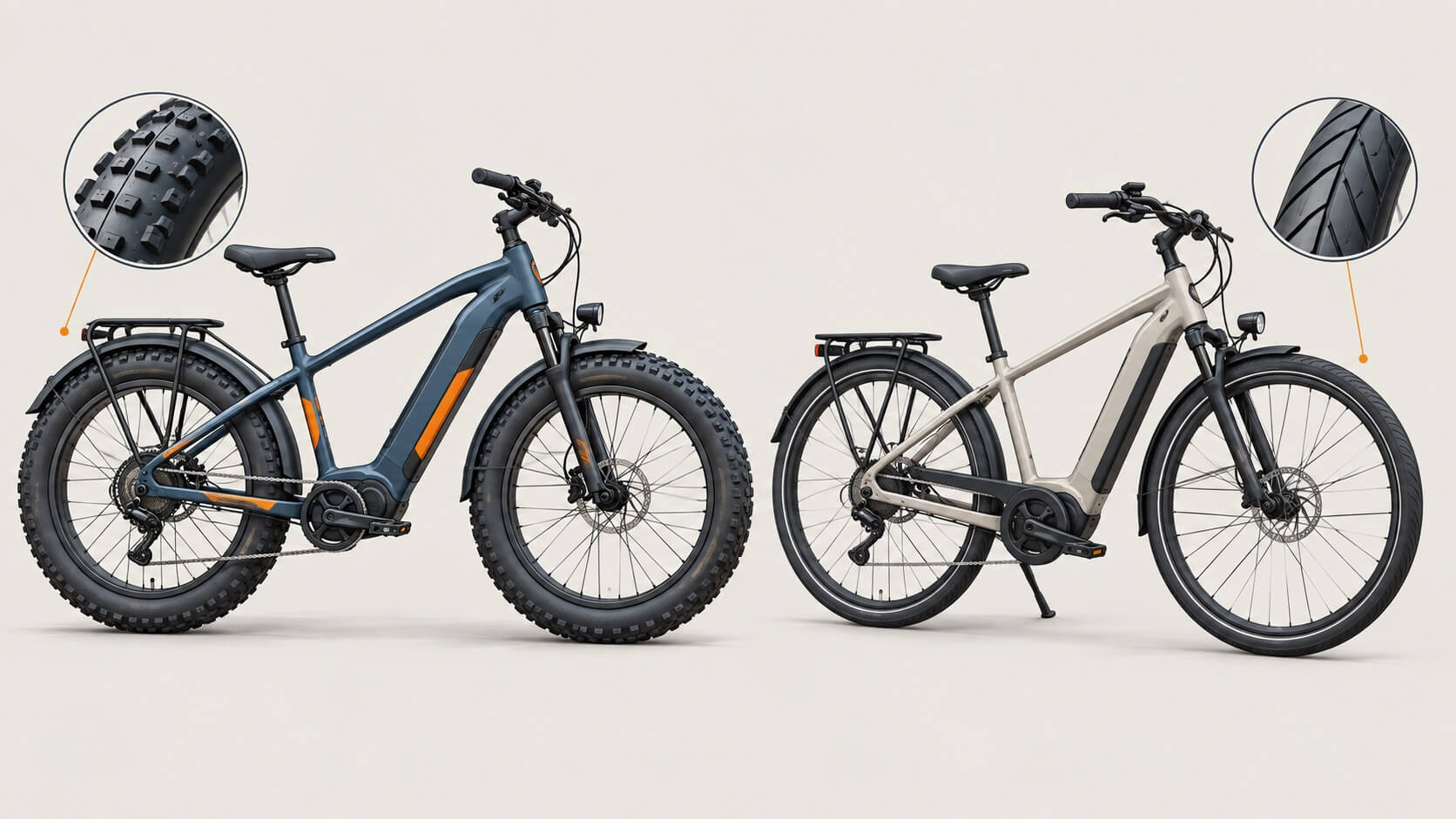 Illustration comparing a wide-tire e-bike with a city e-bike and tire tread details