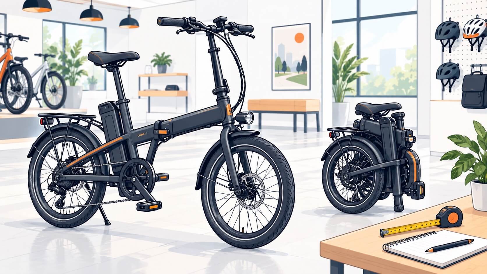 Illustration of unfolded and folded electric bicycles in a bicycle showroom