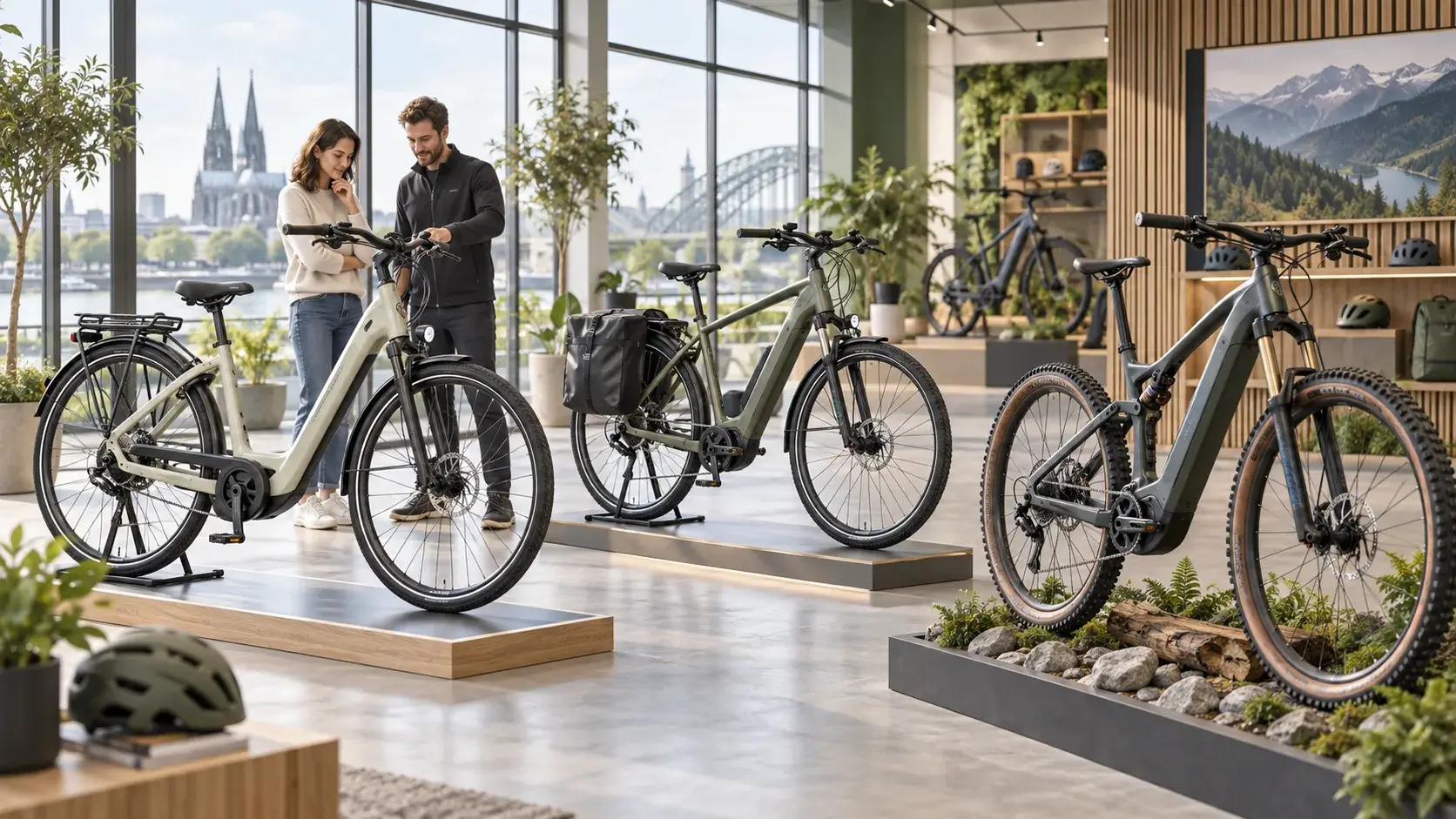 Editorial illustration of a buyer comparing city, trekking and mountain e-bikes in a German-style showroom