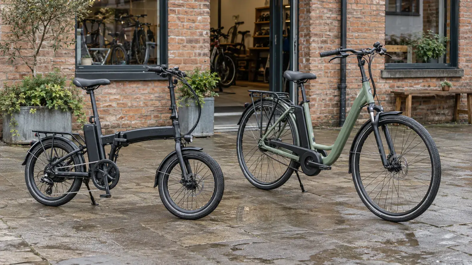 AI illustration comparing a compact folding e-bike with a full-size step-through bicycle