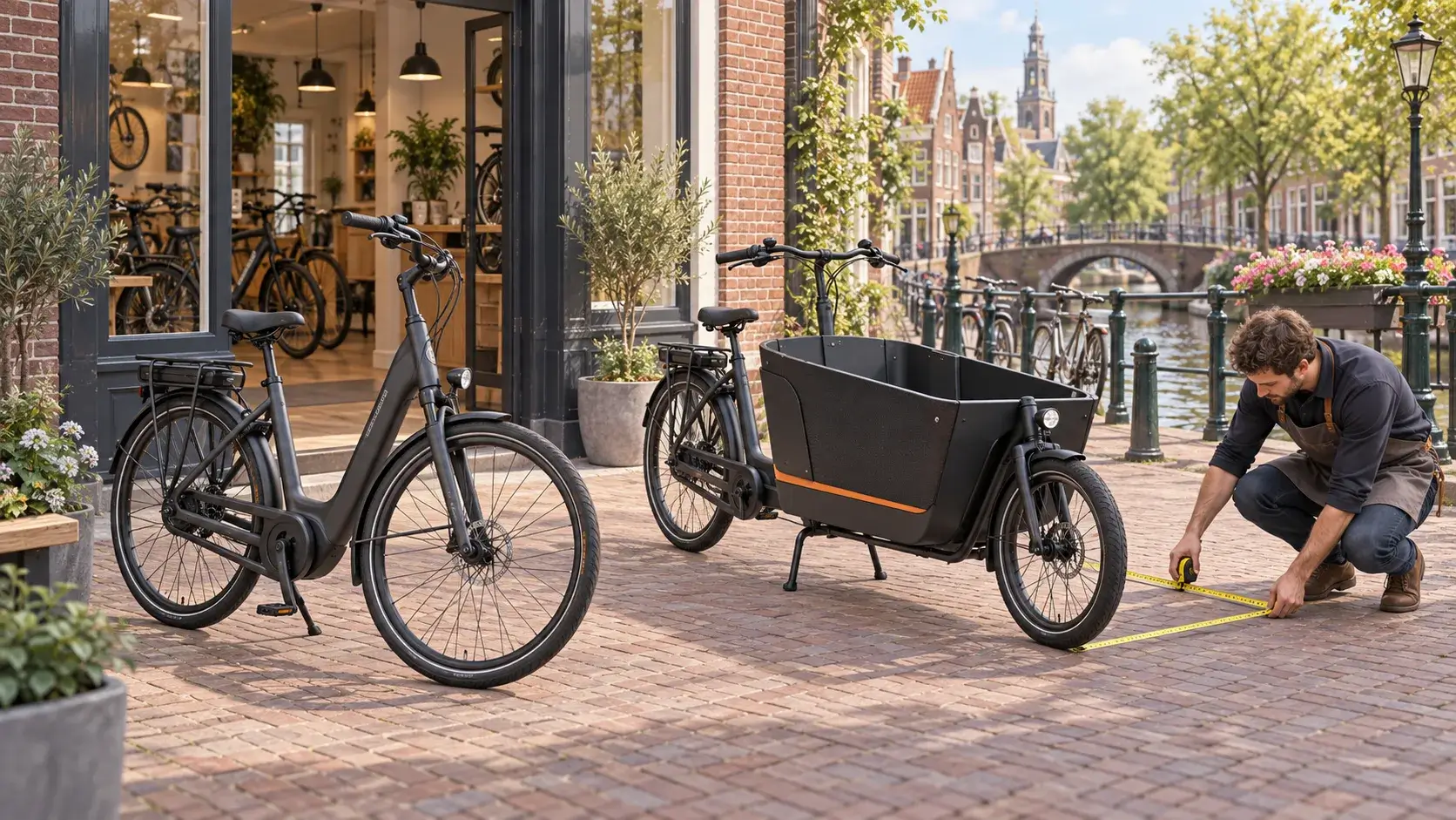 Editorial illustration of city and front-box cargo bikes outside a Dutch-style shop beside a canal