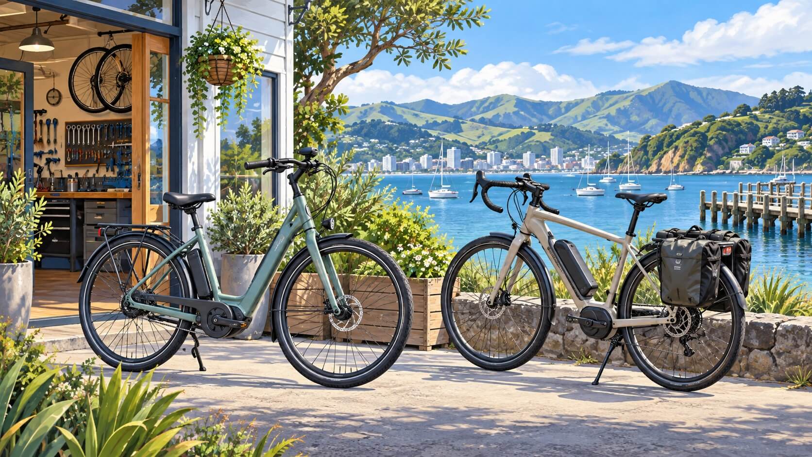 Editorial illustration of two e-bikes outside a bicycle workshop beside a New Zealand-style harbour