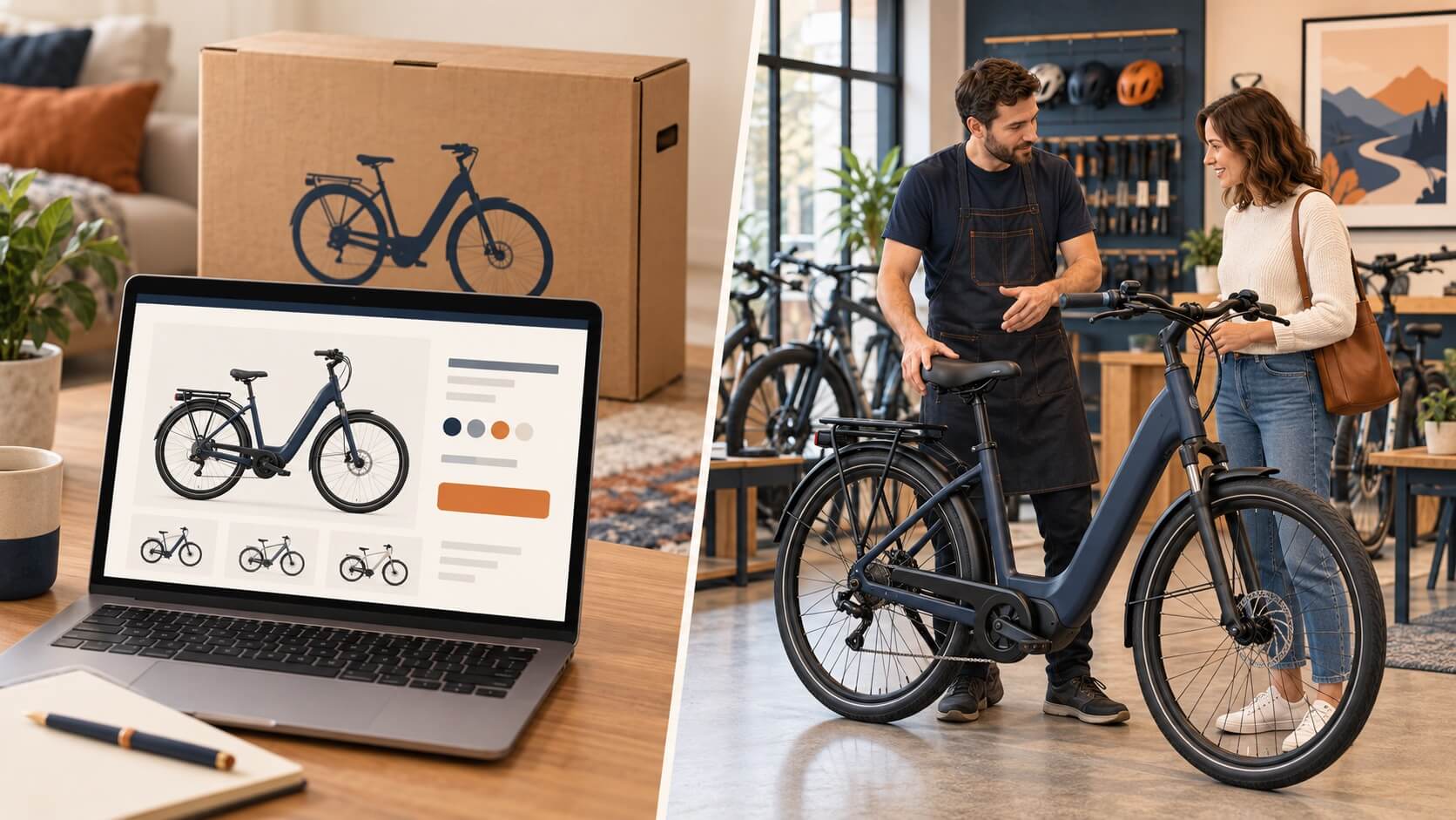 Illustration contrasting an online e-bike order with a customer discussing a bicycle in a local shop