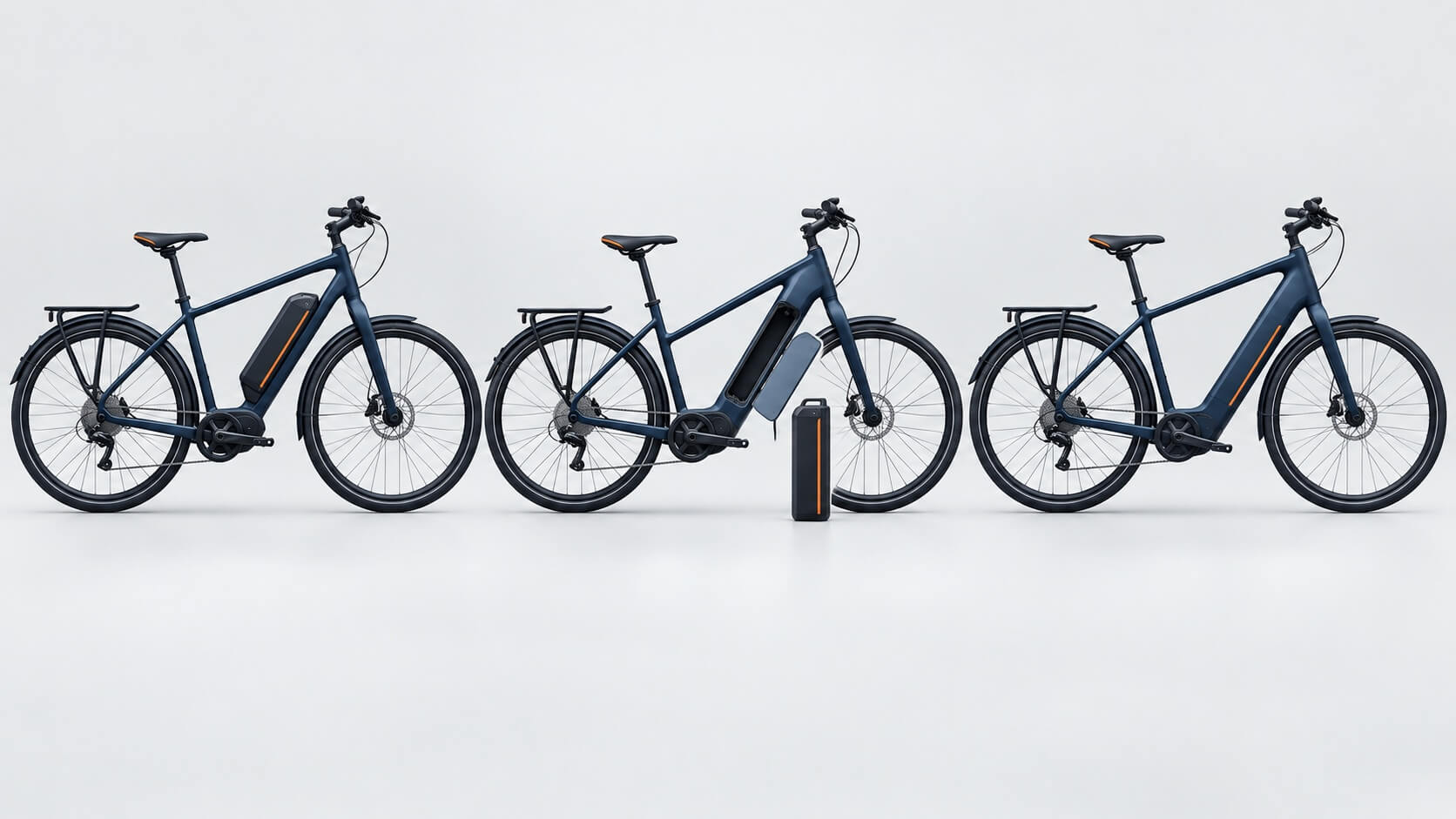 Concept illustration of external, frame-integrated removable and fixed e-bike battery arrangements