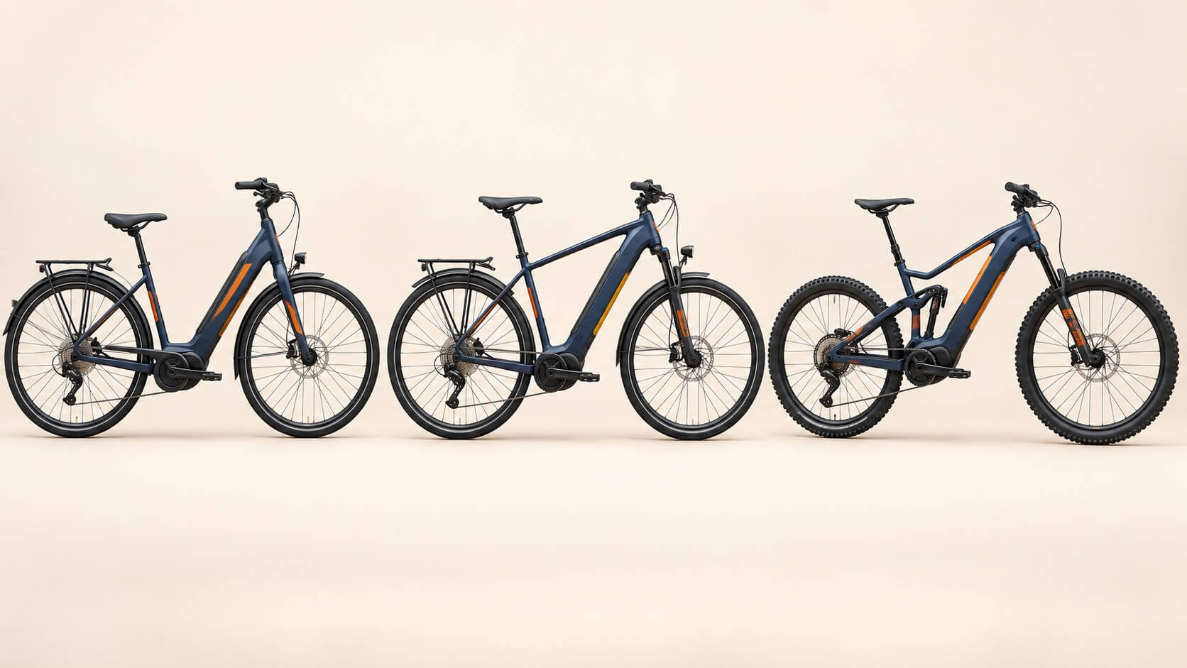 Illustration of rigid, front-suspension and full-suspension electric bicycles