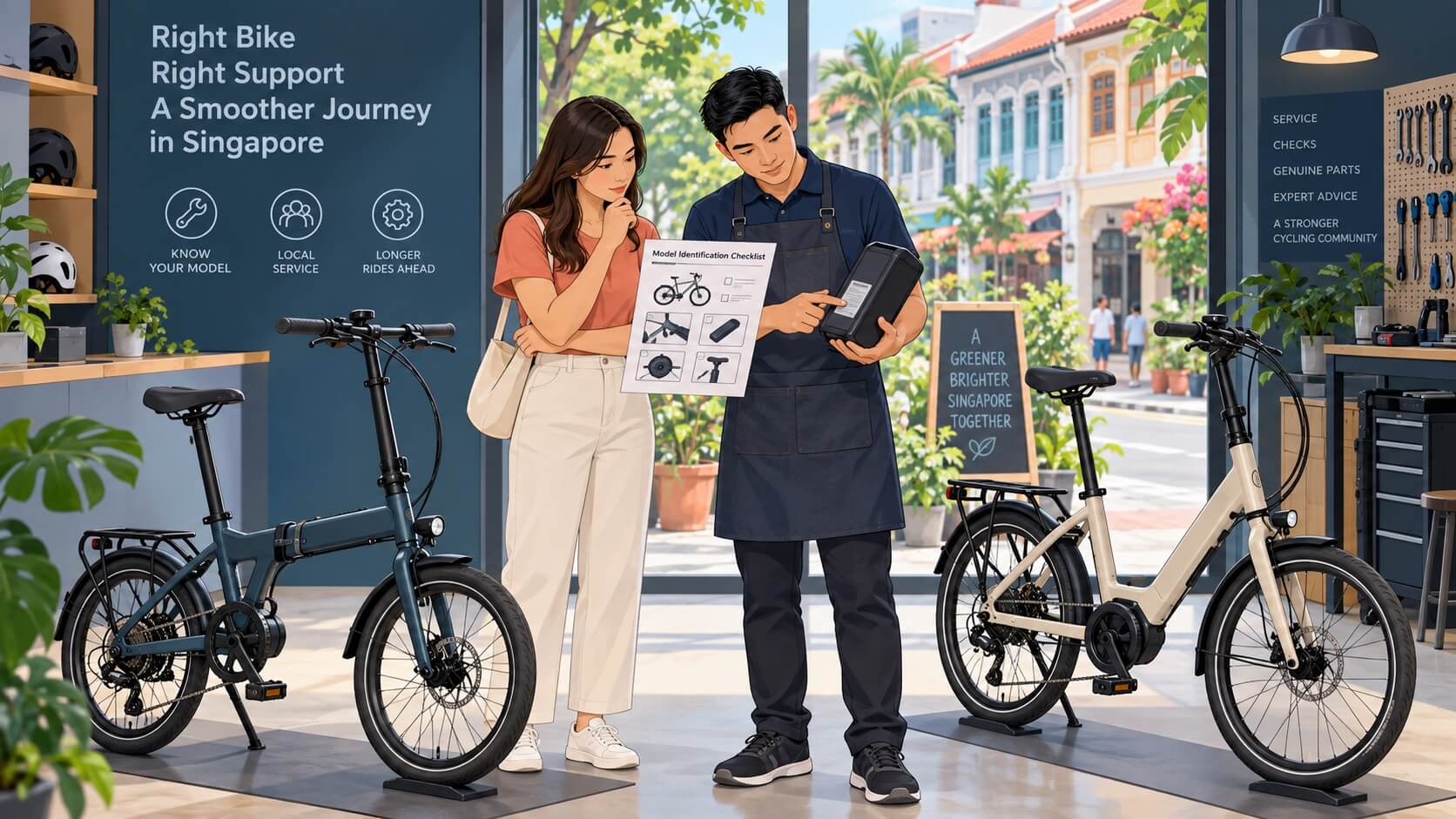Editorial illustration of a Singapore bicycle customer and technician checking model identification and a battery label