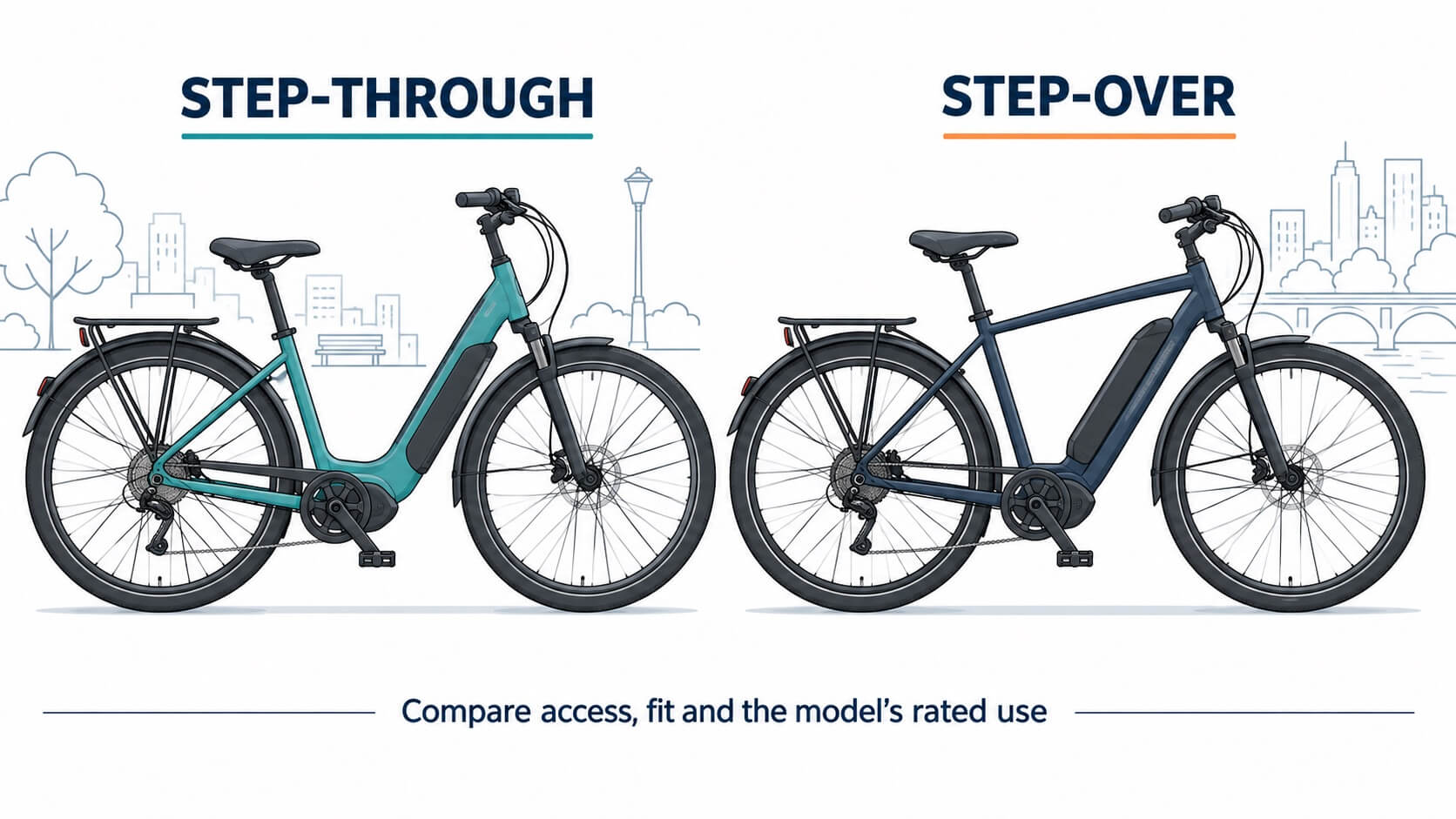 Illustrated side-by-side comparison of low step-through and higher step-over e-bike frames