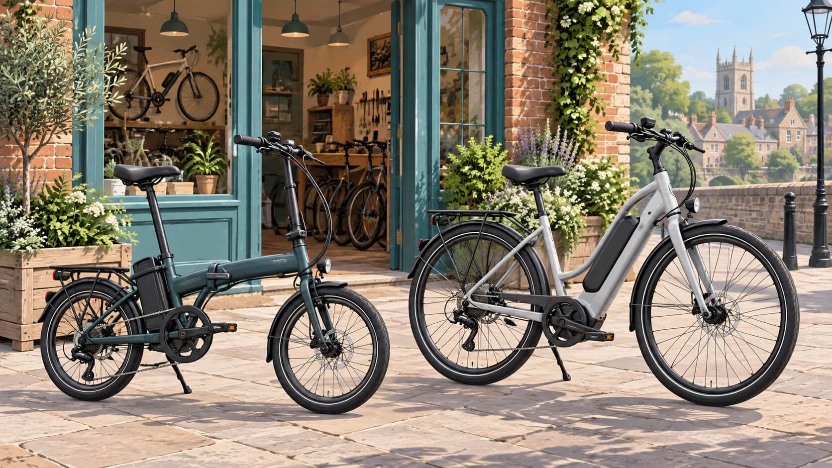 Illustration of a folding e-bike and step-through commuter outside a British bicycle shop
