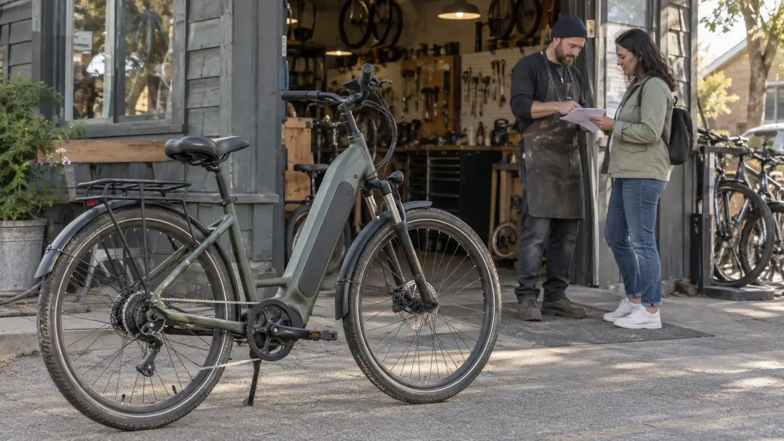 AI illustration of a commuter e-bike outside a workshop during a service-cost discussion