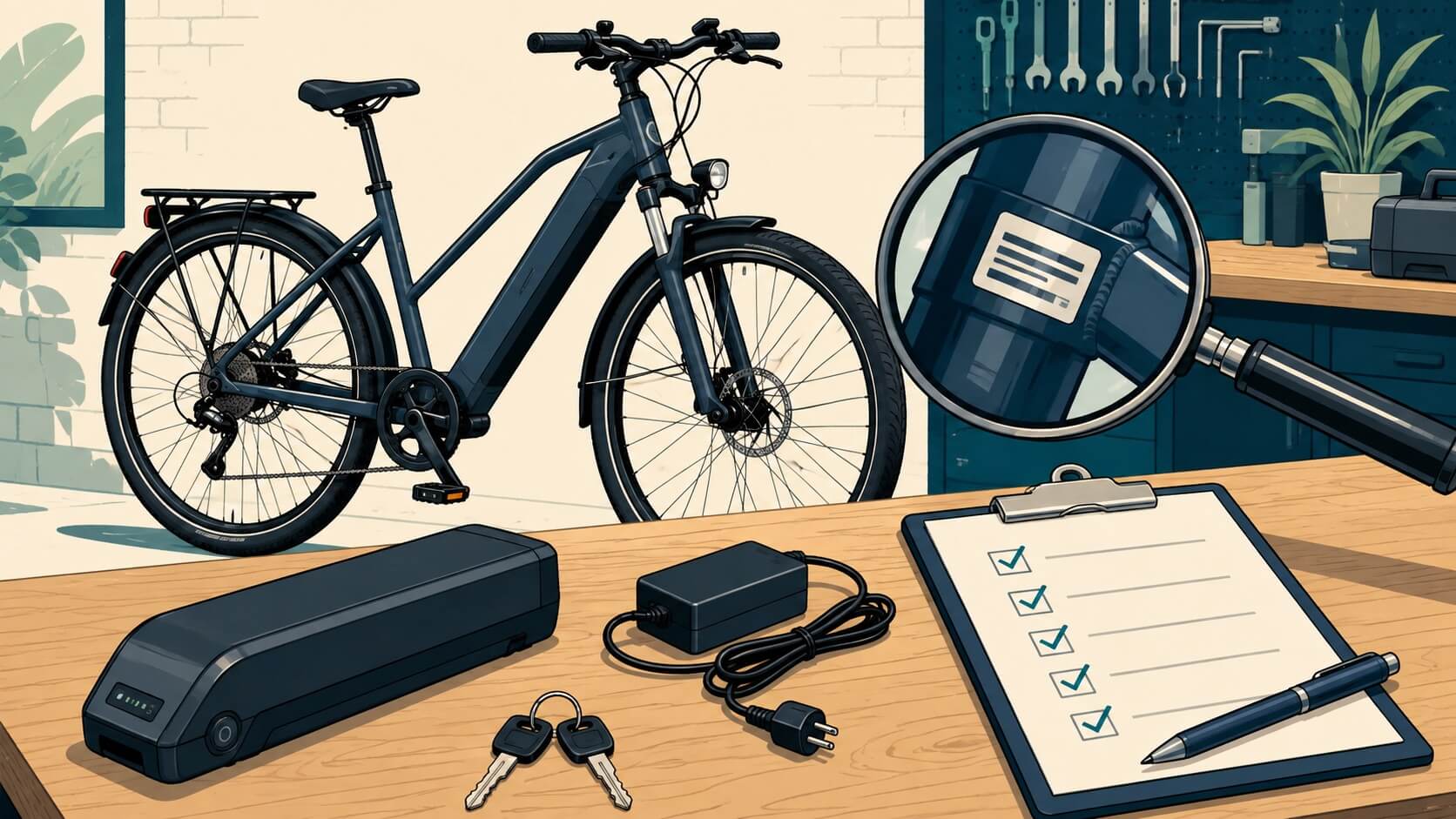 Illustrated e-bike with battery, charger, keys and an ownership inspection checklist