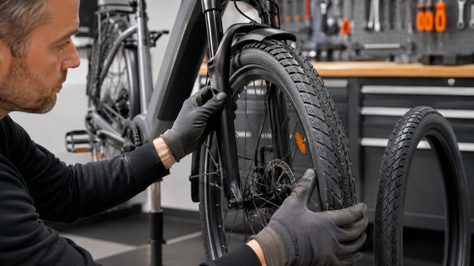 Close inspection of an e-bike tire tread and sidewall for wear, cuts and damage