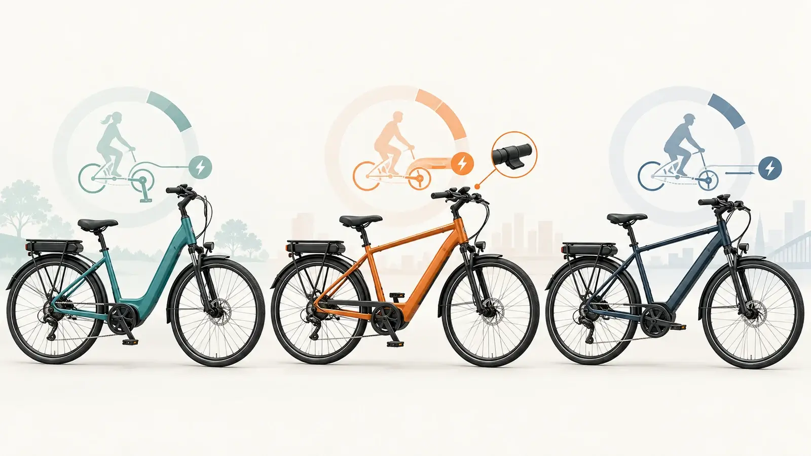 Illustration of three electric bicycle styles for comparing US e-bike classes