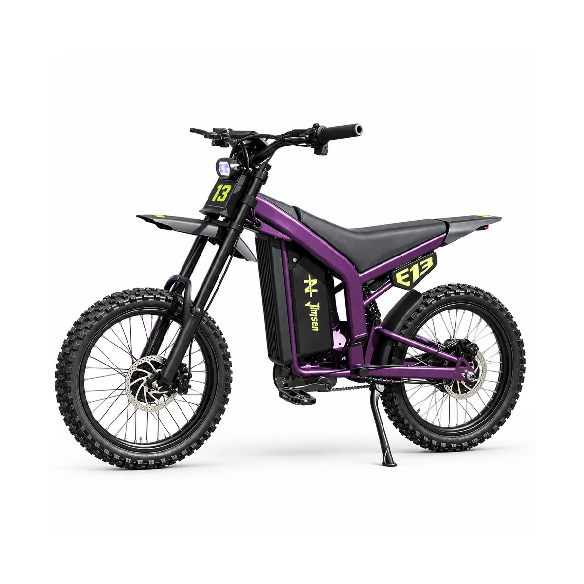 Purple Jimsen E13 electric dirt bike on a white background, with both wheels and handlebars fully visible